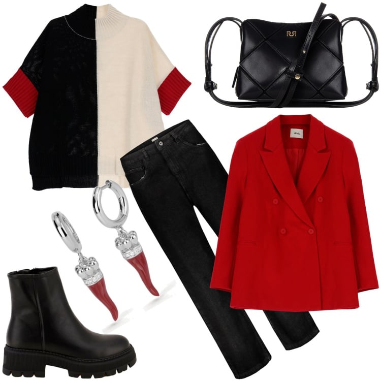 Outfit donna - Portafortuna. Stile Urban per Ufficio. Abbinamento con orecchini, stivaletti, borse a spalla, maglieria, cappotti, jeans.