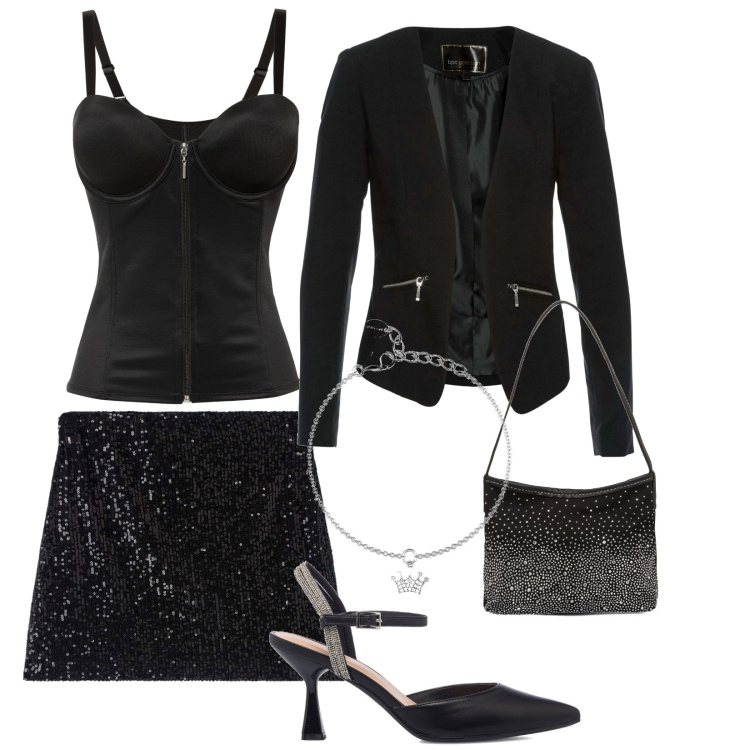 Outfit donna - Total look #1790139. Stile Urban per Serata fuori. Abbinamento con blazer, body, minigonne, braccialetti con ciondoli, décolleté, clutch.