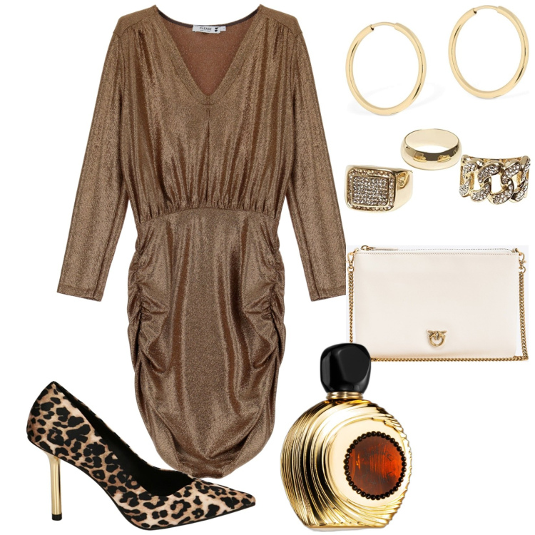 Outfit donna - ultra-femminile. Stile Sexy per Serata fuori. Abbinamento con profumi, vestiti corti, borse a tracolla, décolleté, anelli, orecchini.