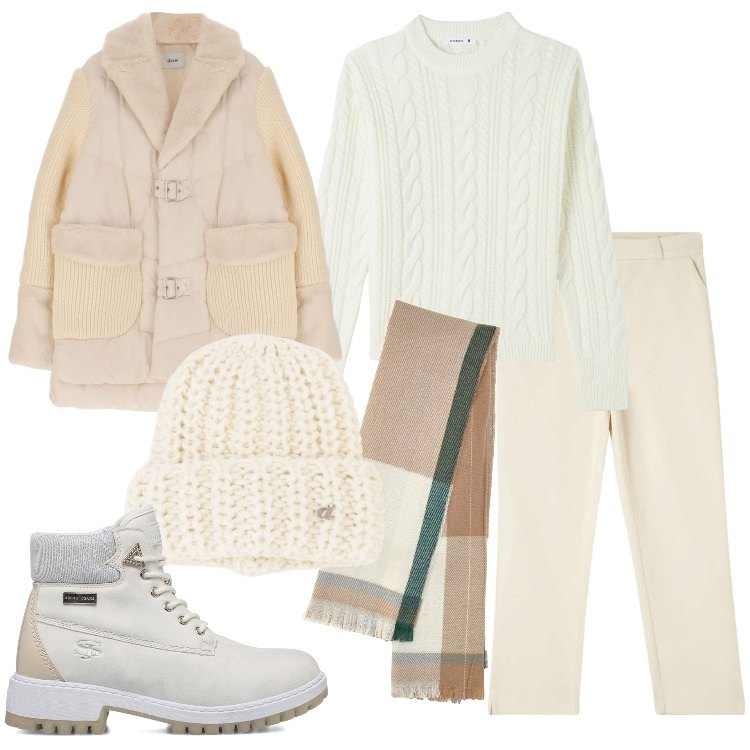 Outfit donna - In montagna senza patire il freddo. Stile Basic per Tutti i giorni. Abbinamento con pantaloni chino, maglieria, blazer, berretti, stivaletti, sciarpe.