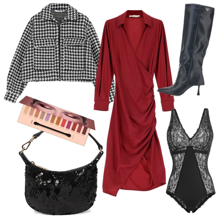 Outfit donna - Quadretti e drappeggio. Stile Glamour per Serata fuori. Abbinamento con body, ombretti, vestiti midi/longuette, blazer, stivali sopra il ginocchio, pochette.