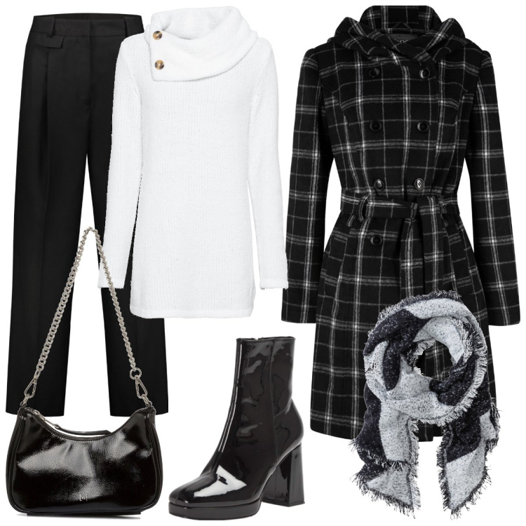 Outfit donna - Bianco e nero. Stile Casual per Tutti i giorni. Abbinamento con sciarpe, maglieria, cappotti, stivaletti, borse a tracolla, pantaloni.