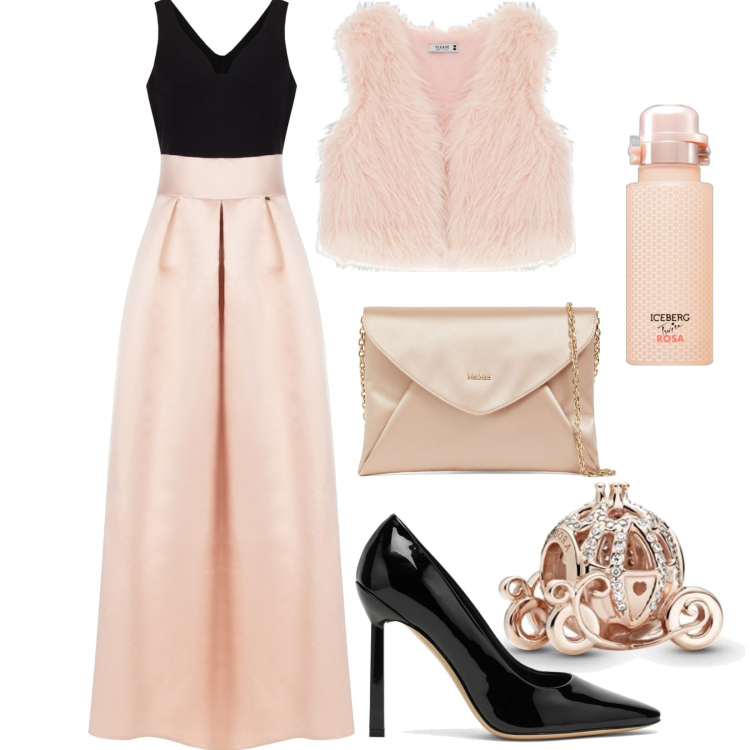 Outfit donna - Abito effetto slanciato. Stile Romantica per Cerimonia. Abbinamento con profumi, gilet, vestiti lunghi, ciondoli, décolleté, pochette.