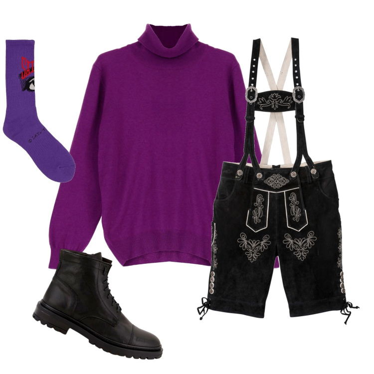 Outfit uomo - Purple. Stile Trendy per Tutti i giorni. Abbinamento con pantaloni corti, maglieria, scarpe stringate, calzini.