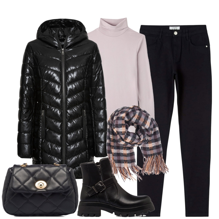 Outfit donna - Gennaio. Stile Basic per Tutti i giorni. Abbinamento con giacche, t-shirt, pantaloni, stivaletti, borse a tracolla, sciarpe.