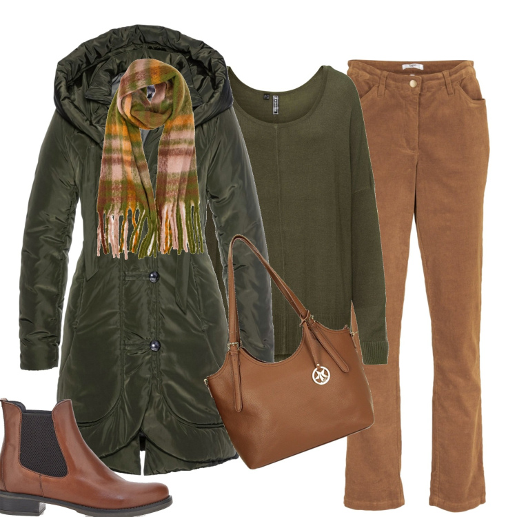 Outfit donna - City. Stile Basic per Tutti i giorni. Abbinamento con maglieria, pantaloni, blazer, borse a spalla, stivaletti chelsea, sciarpe.