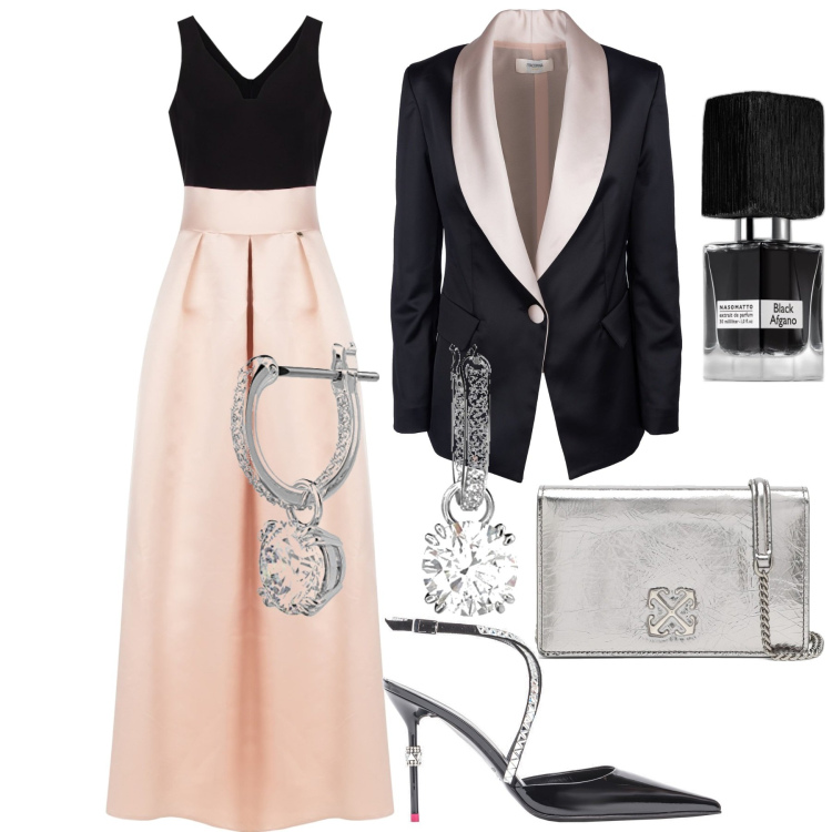 Outfit donna - 1 gennaio al concerto. Stile Chic per Cerimonia. Abbinamento con profumi, scarpe col tacco, vestiti lunghi, blazer, orecchini, clutch.