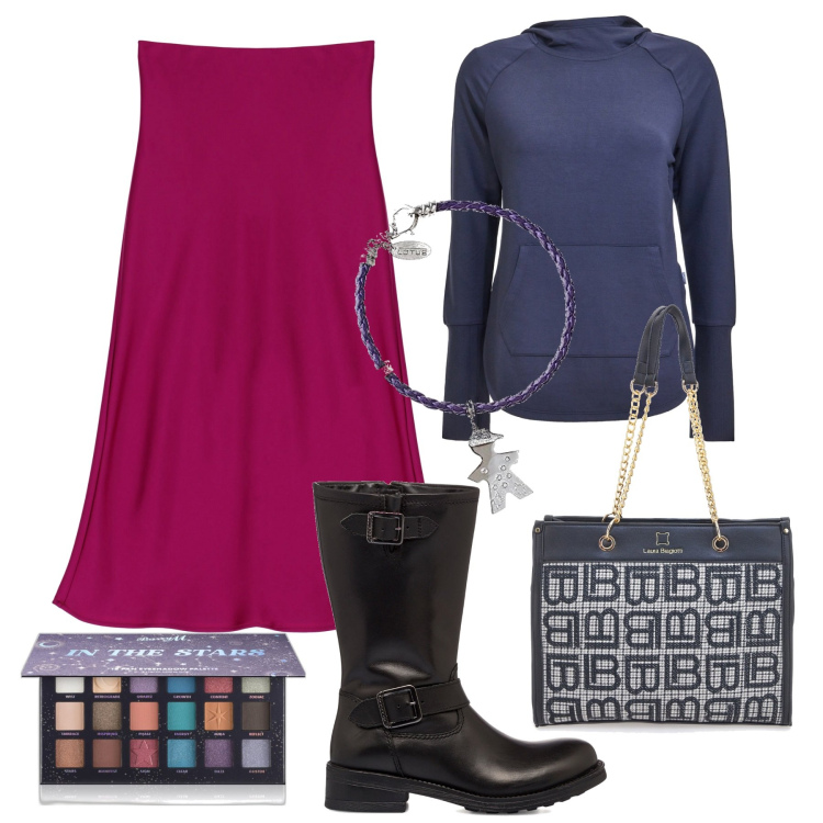 Outfit donna - Gennaio. Stile Trendy per Ufficio. Abbinamento con ombretti, gonne longuette, stivali sopra il ginocchio, braccialetti, borse a spalla, t-shirt.