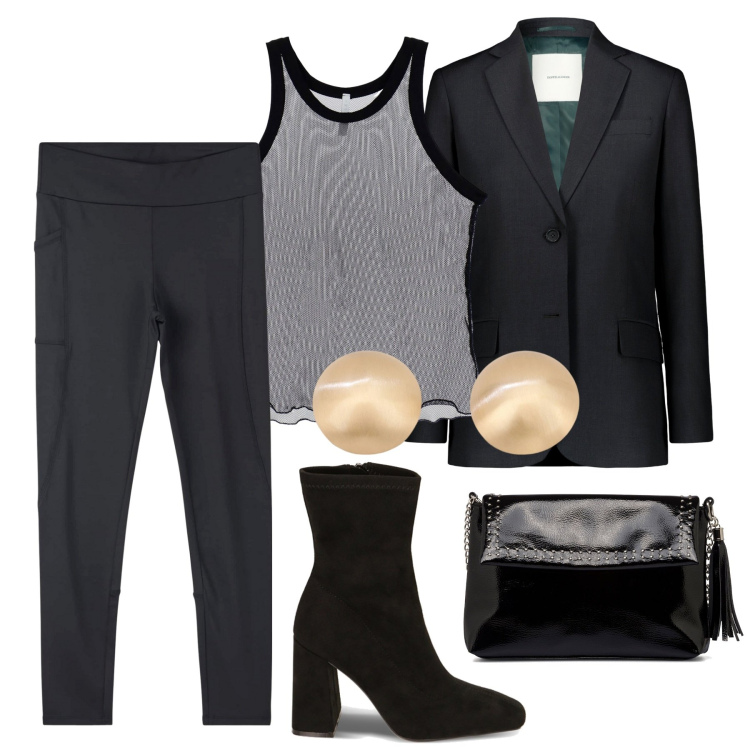 Outfit donna - Gennaio. Stile Chic per Serata fuori. Abbinamento con leggings, canottiere, stivaletti, orecchini, borse a tracolla, blazer.