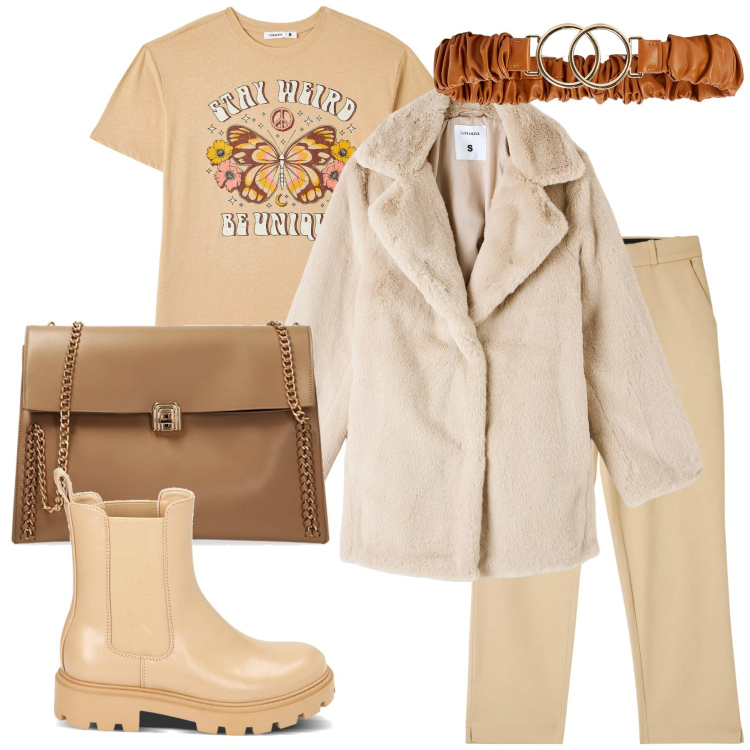 Outfit donna - Toni caldi. Stile Casual per Scuola/Università. Abbinamento con pantaloni chino, t-shirt, ecopellicce, cinture, borse a spalla, stivaletti chelsea.
