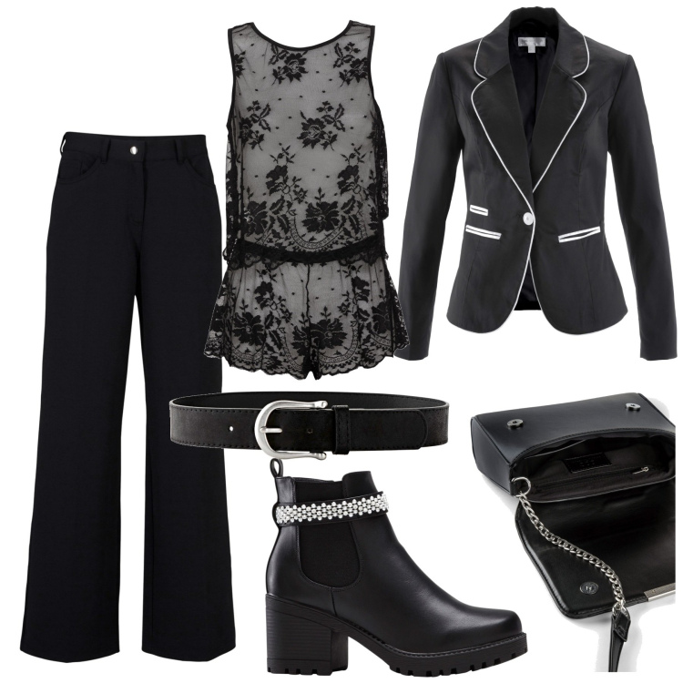 Outfit donna - Total Bonprix. Stile Casual chic per Ufficio. Abbinamento con cinture, pantaloni, top, blazer, stivaletti, borse a tracolla.