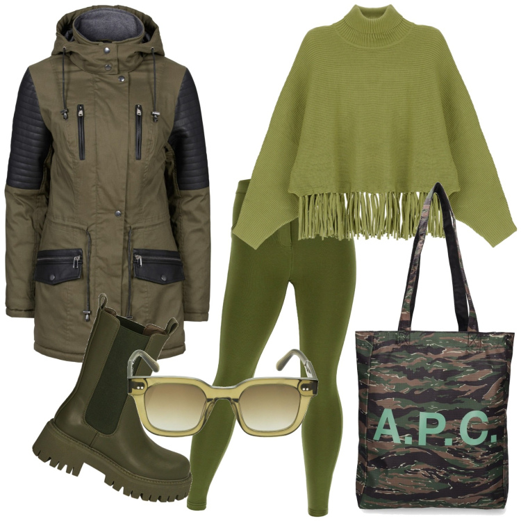 Outfit donna - Military. Stile Military per Scuola/Università. Abbinamento con parka, maglieria, stivaletti chelsea, pantaloni skinny, shopping bag, occhiali da sole.