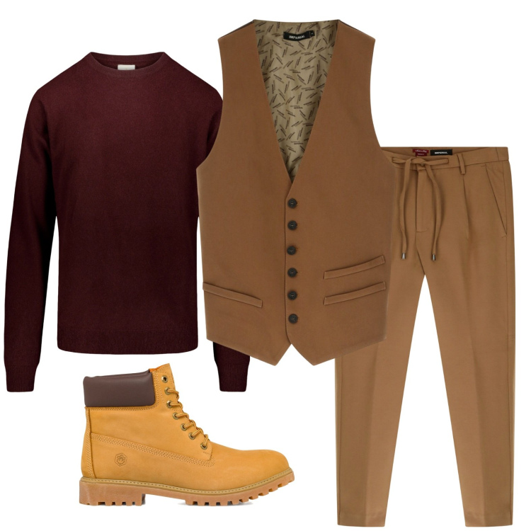 Outfit uomo - Total look #1790228. Stile Casual per Ufficio. Abbinamento con gilet, pantaloni, stivali e stivaletti, maglieria.