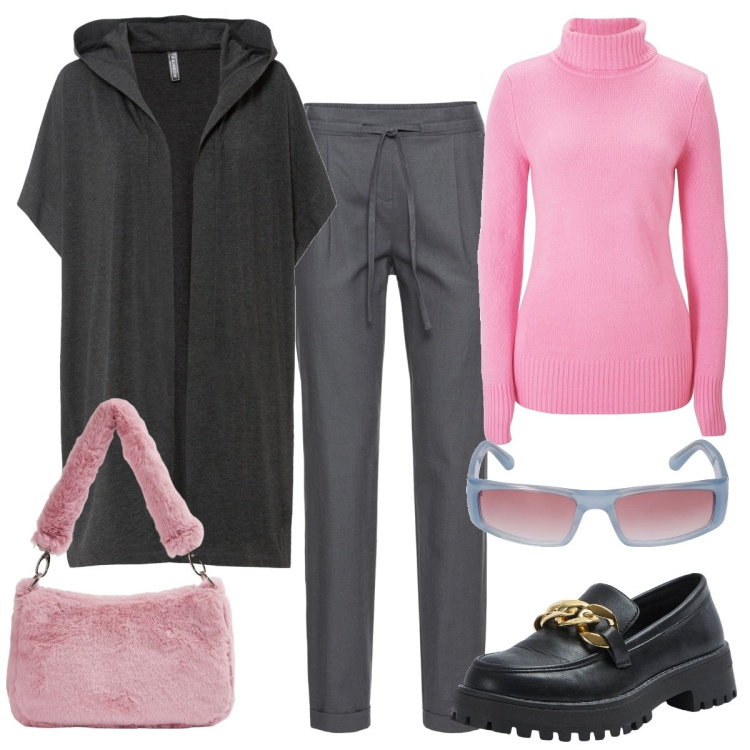 Outfit donna - Poncho in felpa. Stile Basic per Tutti i giorni. Abbinamento con pantaloni, maglieria, cappotti, mocassini, borse a spalla, occhiali da sole.