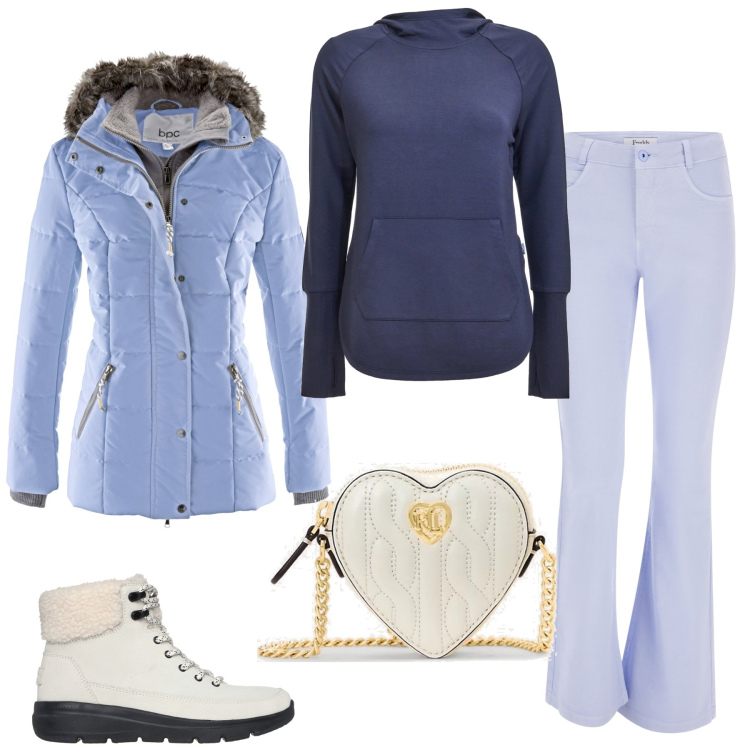 Outfit donna - Borsetta a cuore. Stile Sporty chic per Tutti i giorni. Abbinamento con piumini, jeans a zampa, pochette, t-shirt, stivaletti.
