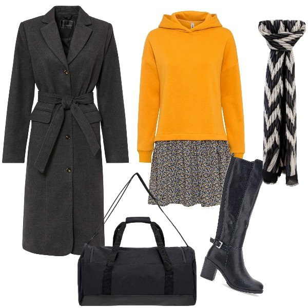 Outfit donna - Partenza dopo il capodanno. Stile Basic per Tutti i giorni. Abbinamento con vestiti, cappotti, foulard, borse a spalla, stivali sopra il ginocchio.
