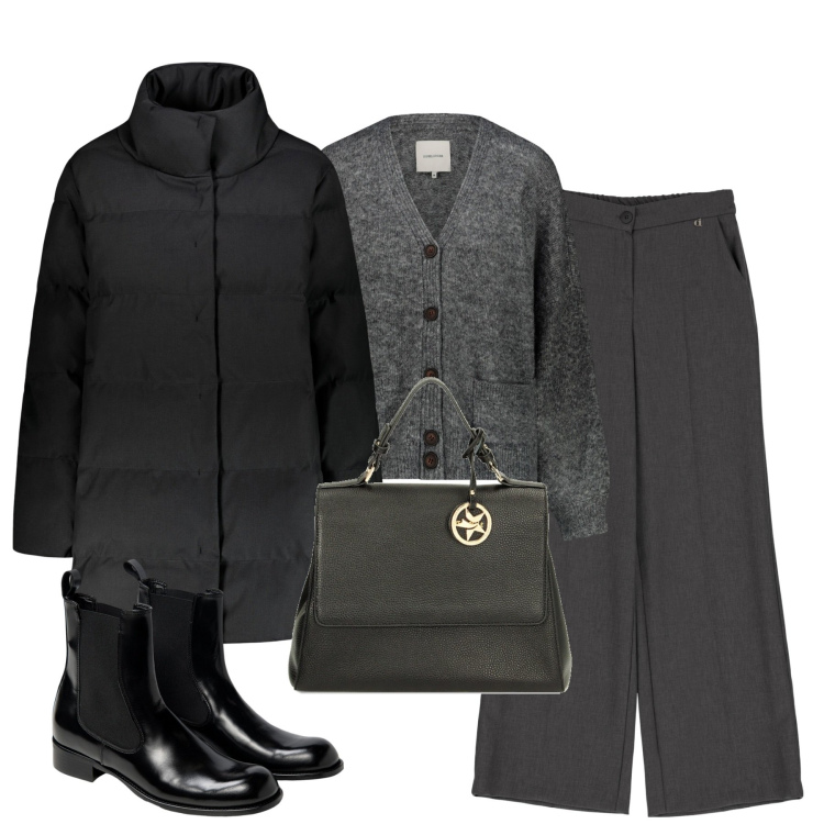 Outfit donna - In ufficio. Stile Minimal per Ufficio. Abbinamento con borse a mano, pantaloni a palazzo, piumini, cardigans, stivaletti chelsea.