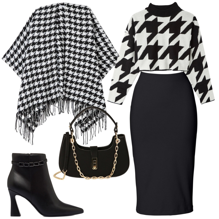 Outfit donna - Bianco e nero. Stile Chic per Ufficio. Abbinamento con gonne longuette, maglieria, cappe, borse a spalla, stivaletti.