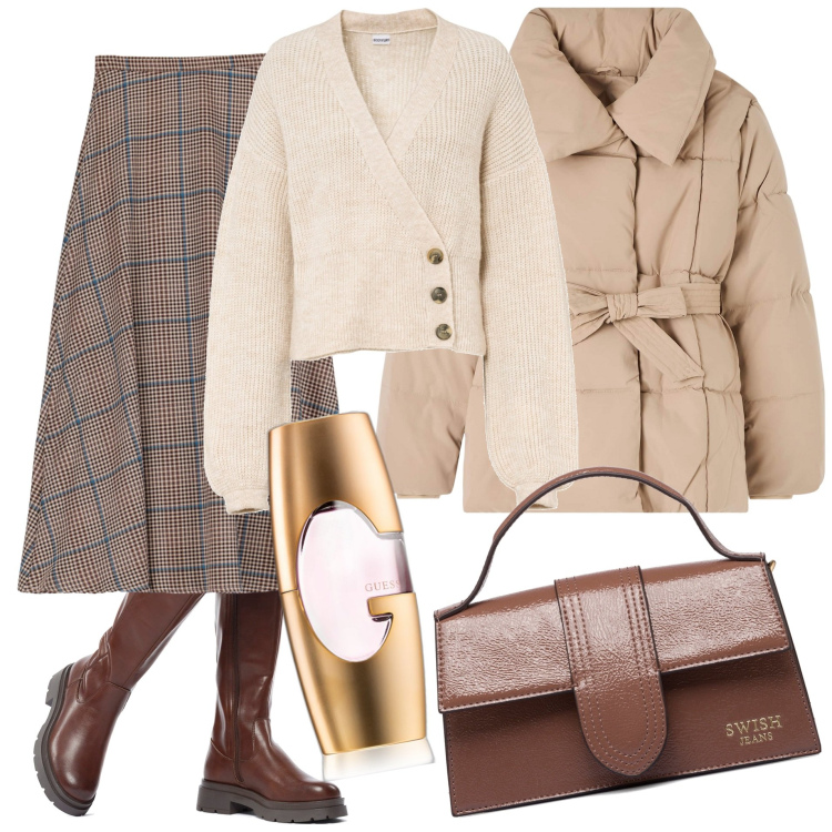 Outfit donna - Domani a lavoro. Stile Basic per Ufficio. Abbinamento con maglieria, profumi, piumini, stivali sopra il ginocchio, borse a mano, gonne longuette.
