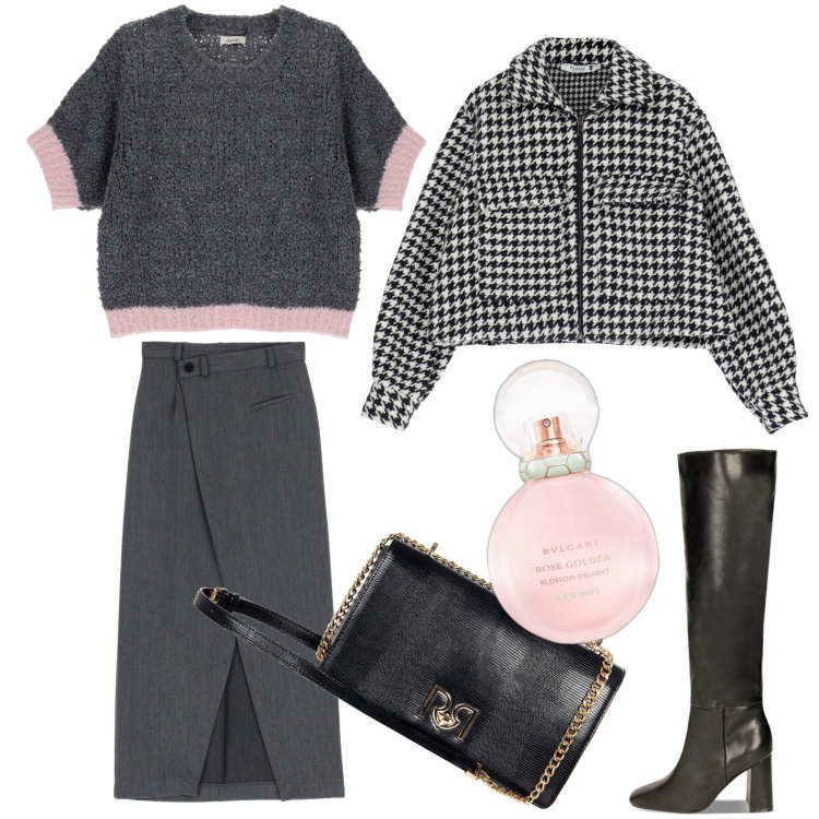 Outfit donna - Il té delle cinque. Stile Bon Ton per Tutti i giorni. Abbinamento con profumi, borse a tracolla, blazer, stivali, gonne lunghe, maglieria.