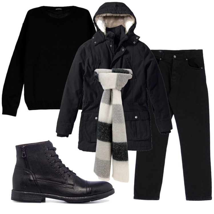 Outfit uomo - Total look #1790293. Stile Casual per Tutti i giorni. Abbinamento con parka, sciarpe, pantaloni, pullovers, anfibi.