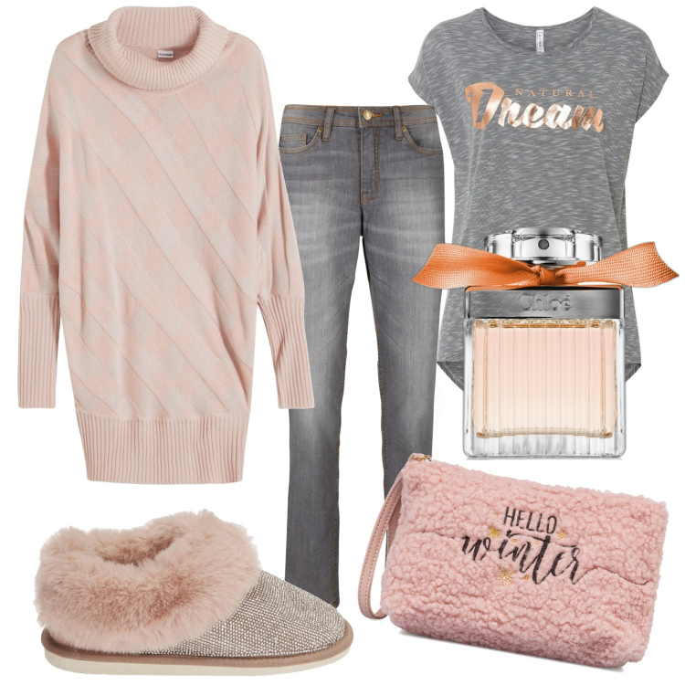 Outfit donna - Comoda in rosa. Stile Casual per Tutti i giorni. Abbinamento con maglieria, jeans mom, maglieria, profumi, stivaletti, pochette.