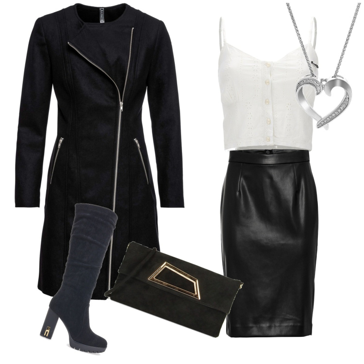 Outfit donna - B&W. Stile Rock Abbinamento con cappotti, gonne longuette, pochette, top, stivali sopra il ginocchio, collane.