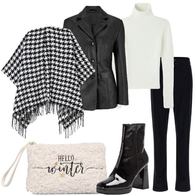Outfit donna - La mantella sopra la giacca. Stile Trendy per Tutti i giorni. Abbinamento con blazer, cappe, stivaletti, maglieria, pantaloni, pochette.
