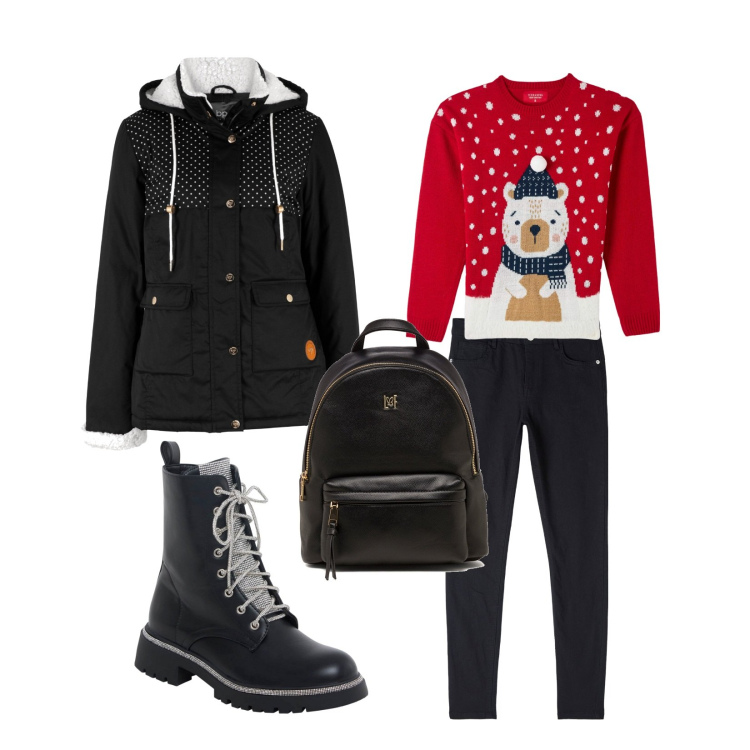 Outfit donna - Christmas shopping. Stile Basic Abbinamento con blazer, anfibi, pantaloni, maglieria, zaini.