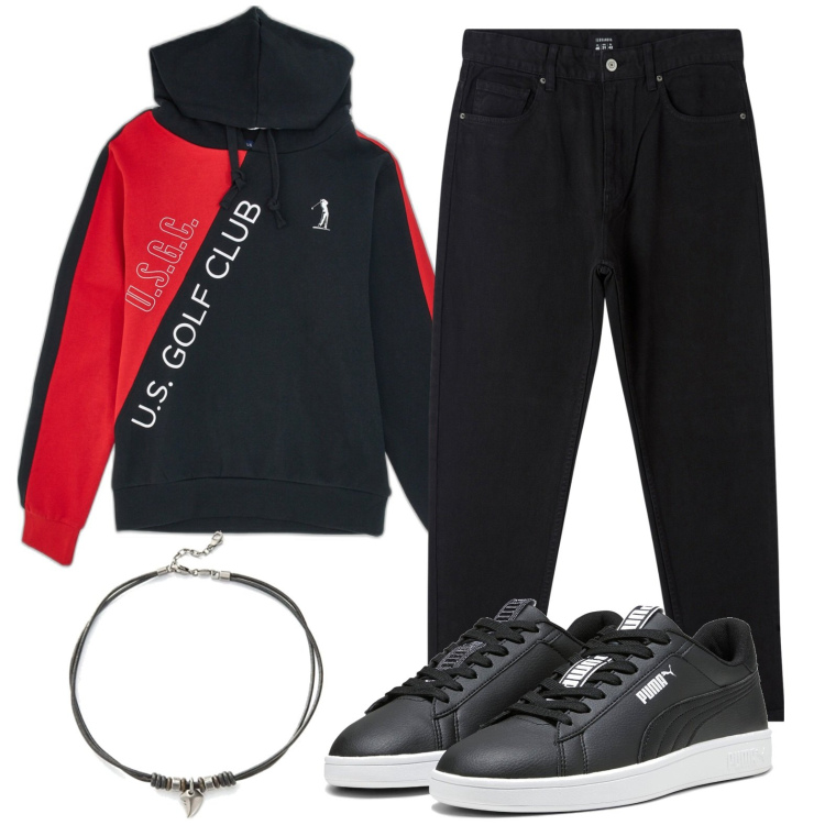Outfit uomo - Total look #1790337. Stile Casual per Sport. Abbinamento con pantaloni, sneakers, felpe con cappuccio, collane.