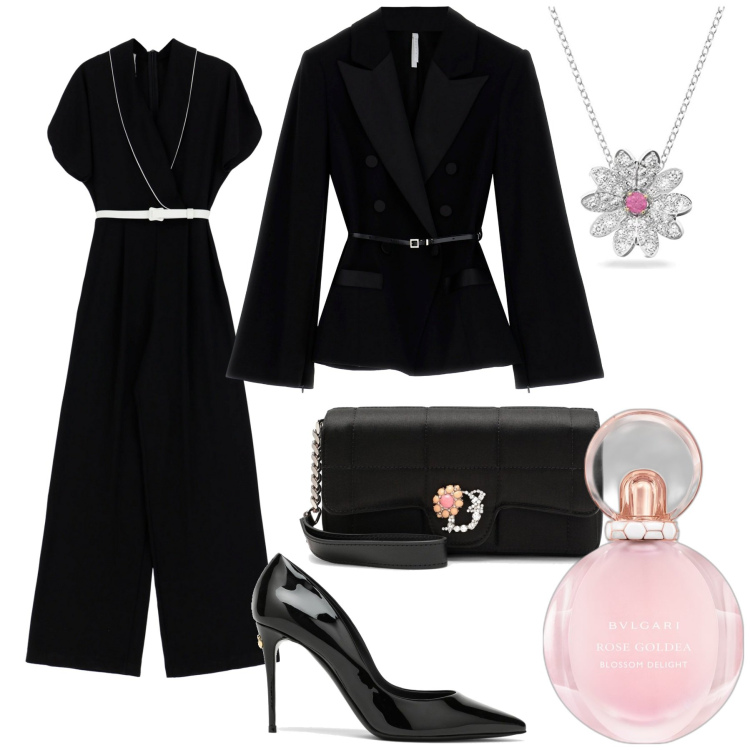 Outfit donna - Sofisticata. Stile Bon Ton per Cerimonia. Abbinamento con profumi, tute, blazer, décolleté, clutch, ciondoli.