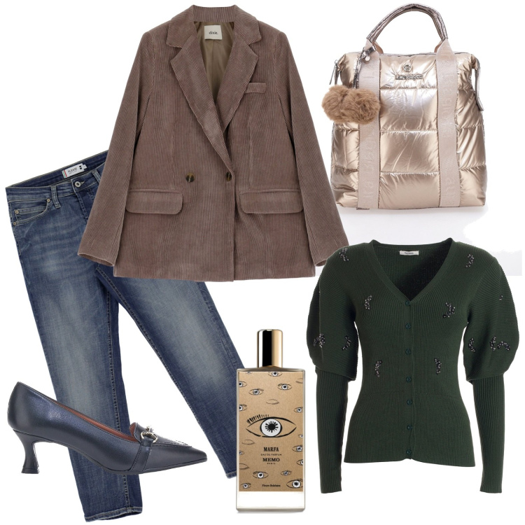 Outfit donna - Delizioso cardigan con maniche a sbuffo. Stile Urban per Ufficio. Abbinamento con profumi, cardigans, jeans dritti, cappotti, zaini, décolleté.