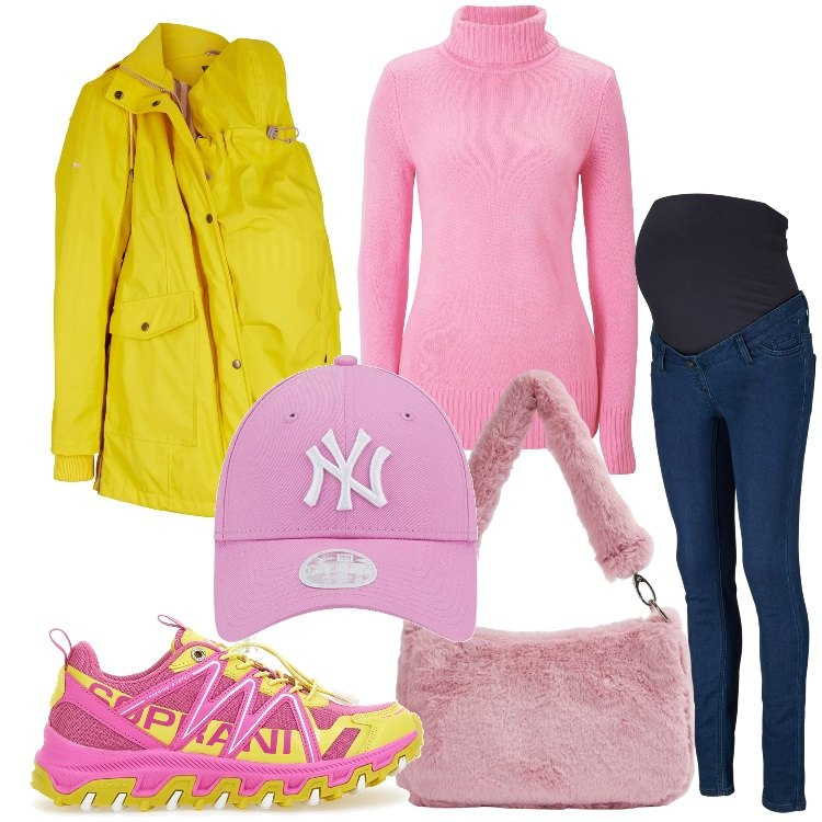 Outfit donna - Premaman trendy. Stile Trendy per Tutti i giorni. look ideale per Premaman. Abbinamento con maglieria, jeans, blazer, borse a spalla, scarpe sportive, cappelli.