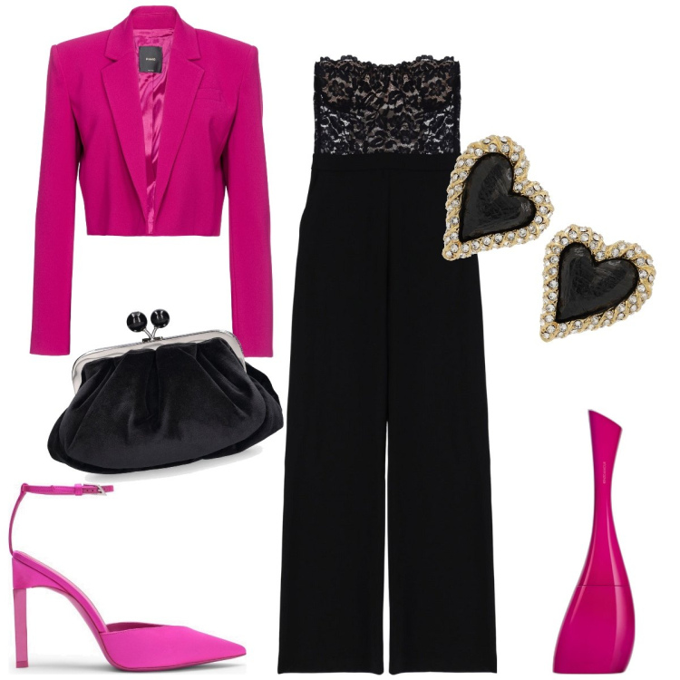 Outfit donna - Serata in tuta. Stile Chic per Serata fuori. Abbinamento con profumi, cappotti, tute, orecchini, décolleté, pochette.