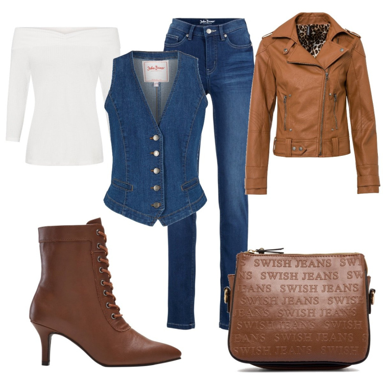 Outfit donna - Total look #1790363. Stile Rock per Serata fuori. Abbinamento con gilet, jeans slim fit, maglieria, cappotti, stivaletti, borse a tracolla.