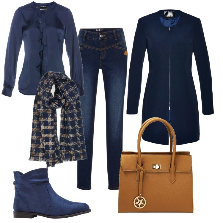 Outfit donna - Total look #1790365. Stile Casual chic per Ufficio. Abbinamento con stivaletti, camicie, blazer, jeans skinny, borse a mano, sciarpe.