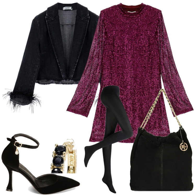 Outfit donna - Mini abito paillettes. Stile Chic per Serata fuori. Abbinamento con collant, orecchini, cappotti, borse a spalla, décolleté, vestiti corti.