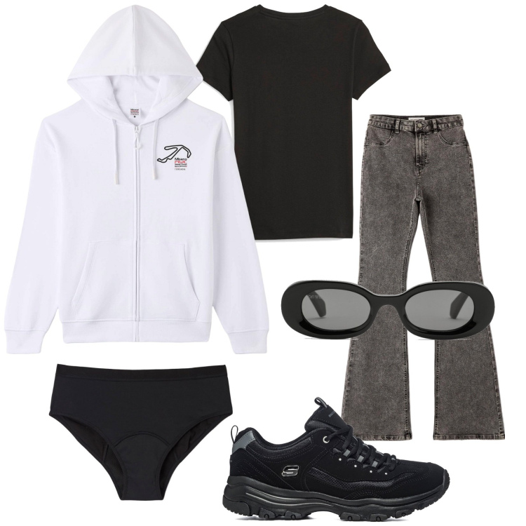 Outfit donna - Total look #1790380. Stile Casual per Tutti i giorni. Abbinamento con felpe con cappuccio, jeggings, slip, sneakers, t-shirt, occhiali da sole.