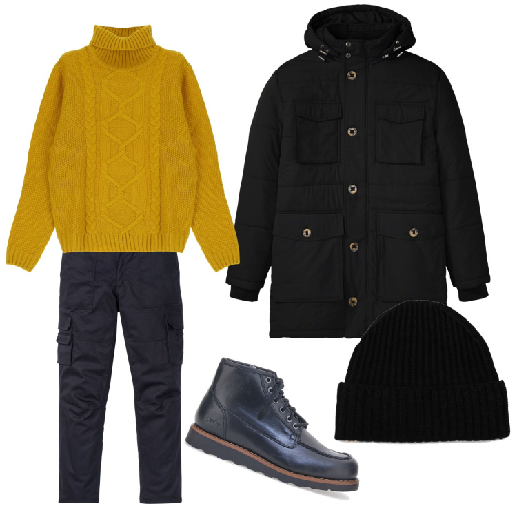 Outfit uomo - Passeggiata invernale. Stile Casual per Tutti i giorni. Abbinamento con parka, pantaloni cargo, maglieria, berretti, stivali e stivaletti.