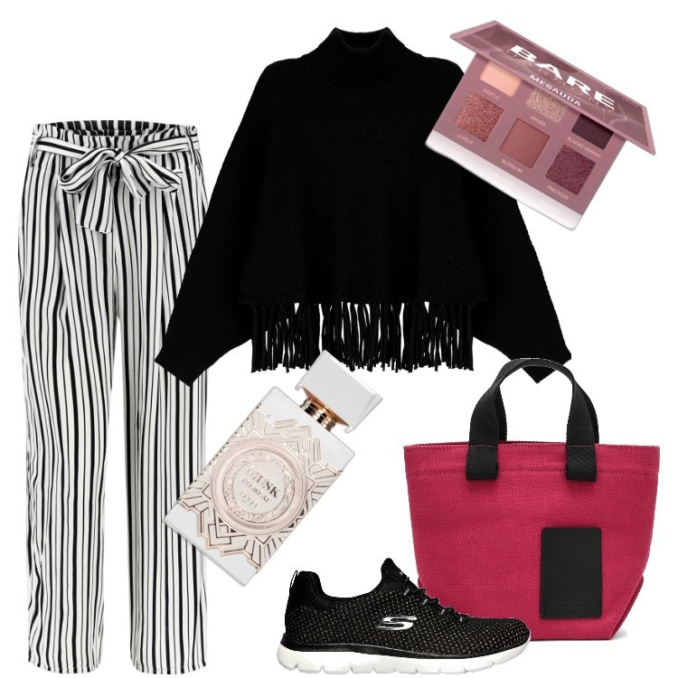 Outfit donna - Total look #1790393. Stile Trendy per Tutti i giorni. Abbinamento con ombretti, profumi, maglieria, pantaloni a palazzo, borse a mano, sneakers.