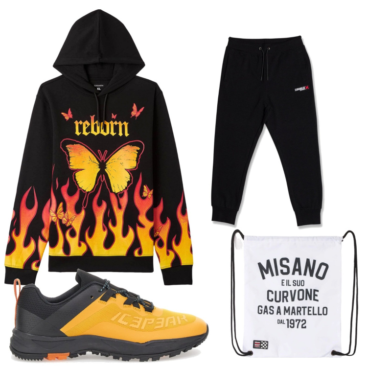 Outfit uomo - Total look #1790407. Stile Trendy per Tutti i giorni. Abbinamento con borse sportive, felpe, pantaloni cargo, scarpe sportive.