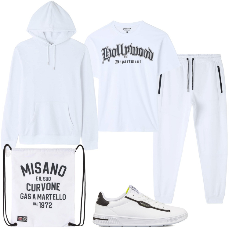 Outfit uomo - Total Terranova, Total White. Stile Casual per Sport. Abbinamento con borse sportive, felpe con cappuccio, pantaloni, t-shirt, sneakers.