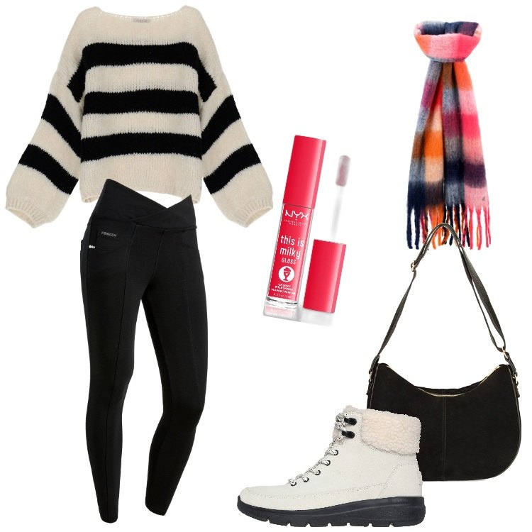 Outfit donna - Total look #1790423. Stile Sporty chic per Tutti i giorni. Abbinamento con gloss, maglieria, pantaloni skinny, borse a spalla, sciarpe, stivaletti.