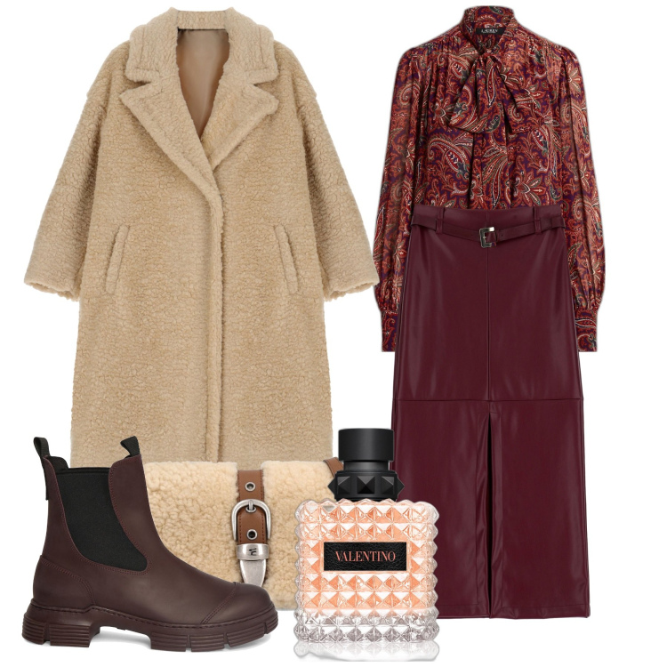 Outfit donna - Inverno. Stile Chic per Tutti i giorni. Abbinamento con profumi, cappotti, gonne lunghe, camicie, borse a spalla, stivaletti.