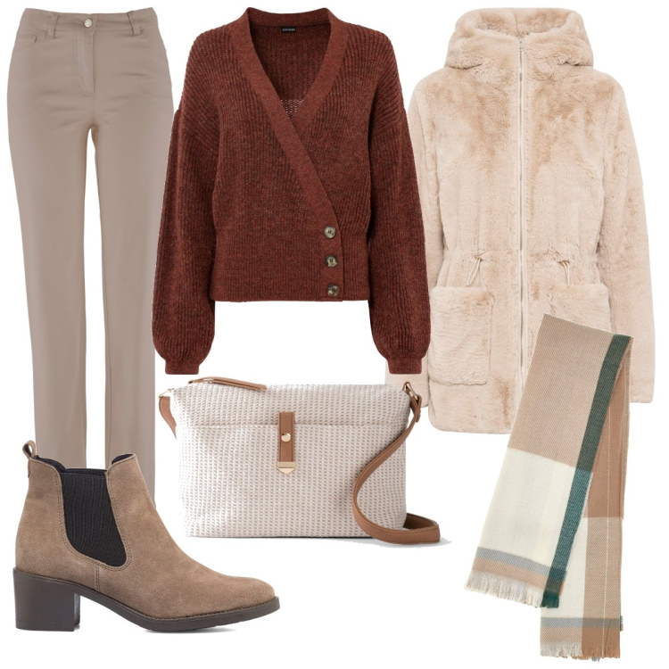 Outfit donna - Toni pacati. Stile Casual per Tutti i giorni. Abbinamento con ecopellicce, maglieria, pantaloni, borse a tracolla, stivaletti, sciarpe.