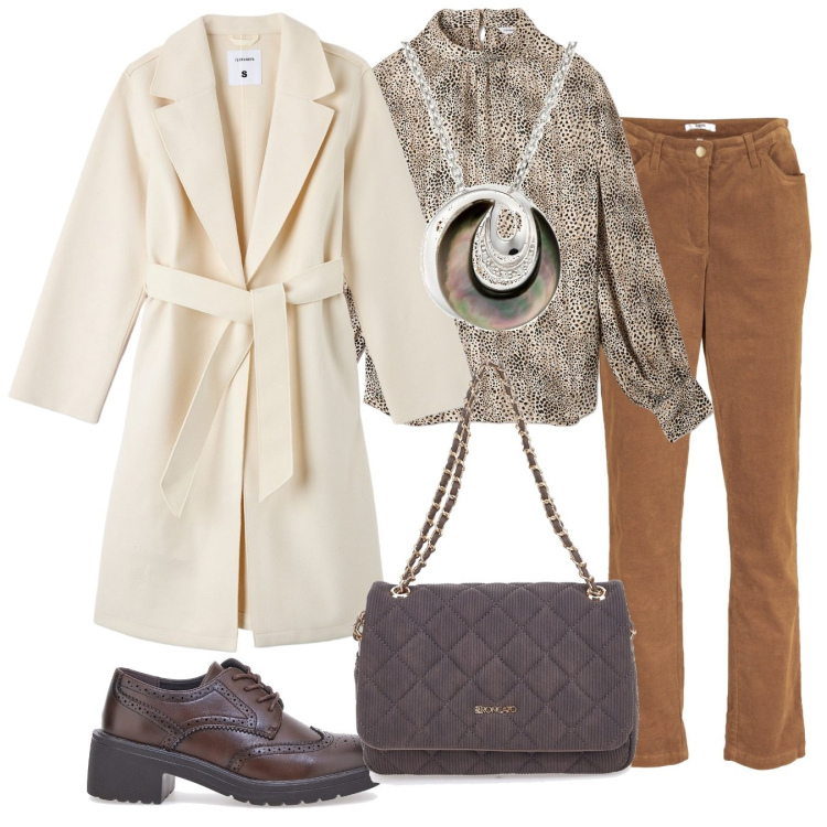 Outfit donna - Passeggiata in città. Stile Casual per Tutti i giorni. Abbinamento con pantaloni, cappotti, bluse, scarpe stringate, borse a spalla, collane.