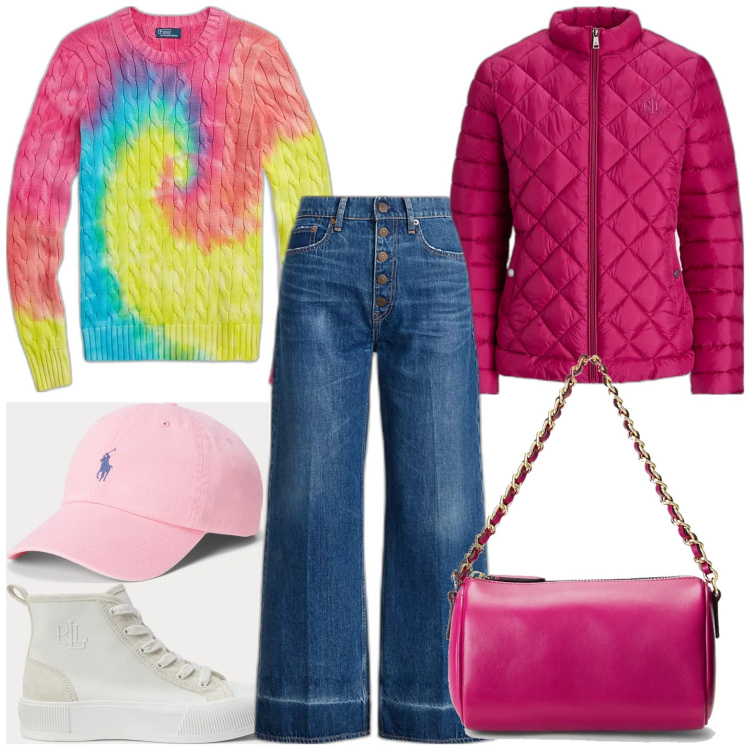 Outfit donna - Kaleidoscopic girl. Stile Casual per Tutti i giorni. Abbinamento con cappelli, jeans, cappotti, sneakers, maglieria, borse a spalla.