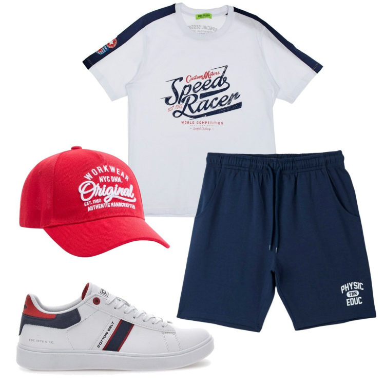 Outfit uomo - Total look #1790525. Stile Casual per Sport. Abbinamento con cappelli, pantaloni corti, sneakers, t-shirt.