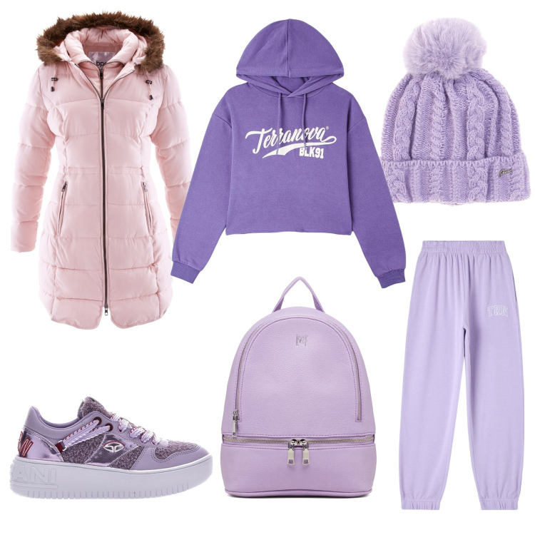 Outfit donna - Sporty chic in viola. Stile Sporty chic per Tutti i giorni. Abbinamento con giacche, pantaloni, felpe con cappuccio, zaini, scarpe sportive, berretti.