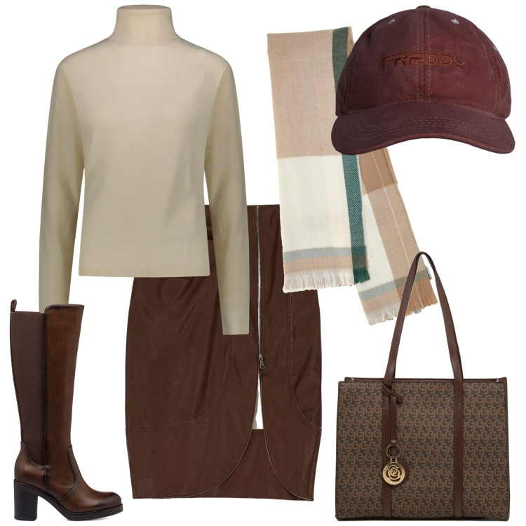 Outfit donna - Inverno freddo. Stile Casual per Tutti i giorni. Abbinamento con cappelli, gonne longuette, stivali sopra il ginocchio, borse a spalla, pullovers, sciarpe.